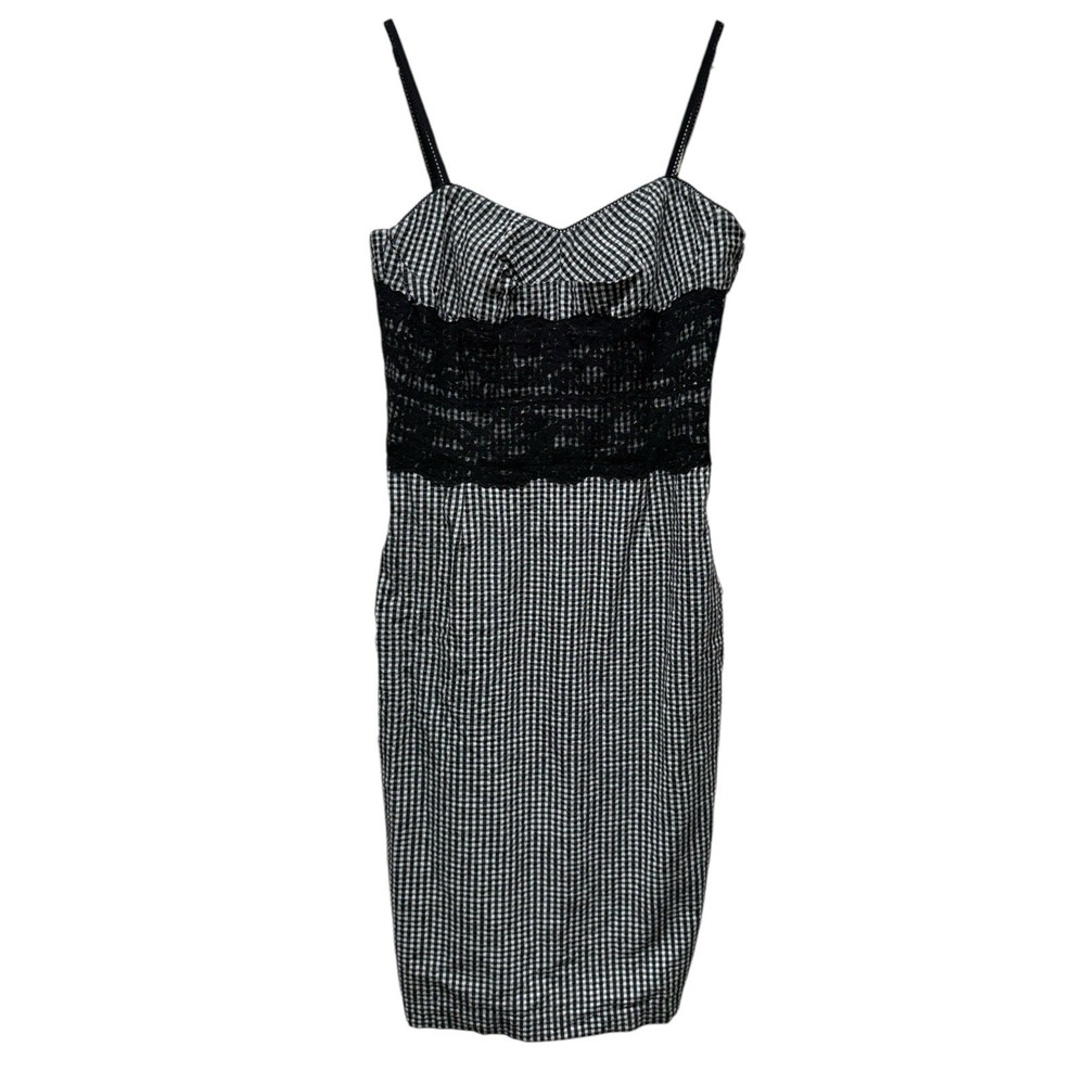 Vtg Guess Dress Sz 5 Mini Black Gingham Check Lace Overlay Whimsigoth Y2K Grunge